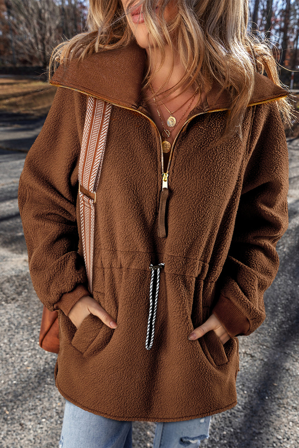 Brown Half Zip Fleece Pullover Sweatshirt-Tops/Sweatshirts & Hoodies-[Adult]-[Female]-Brown-S-2022 Online Blue Zone Planet