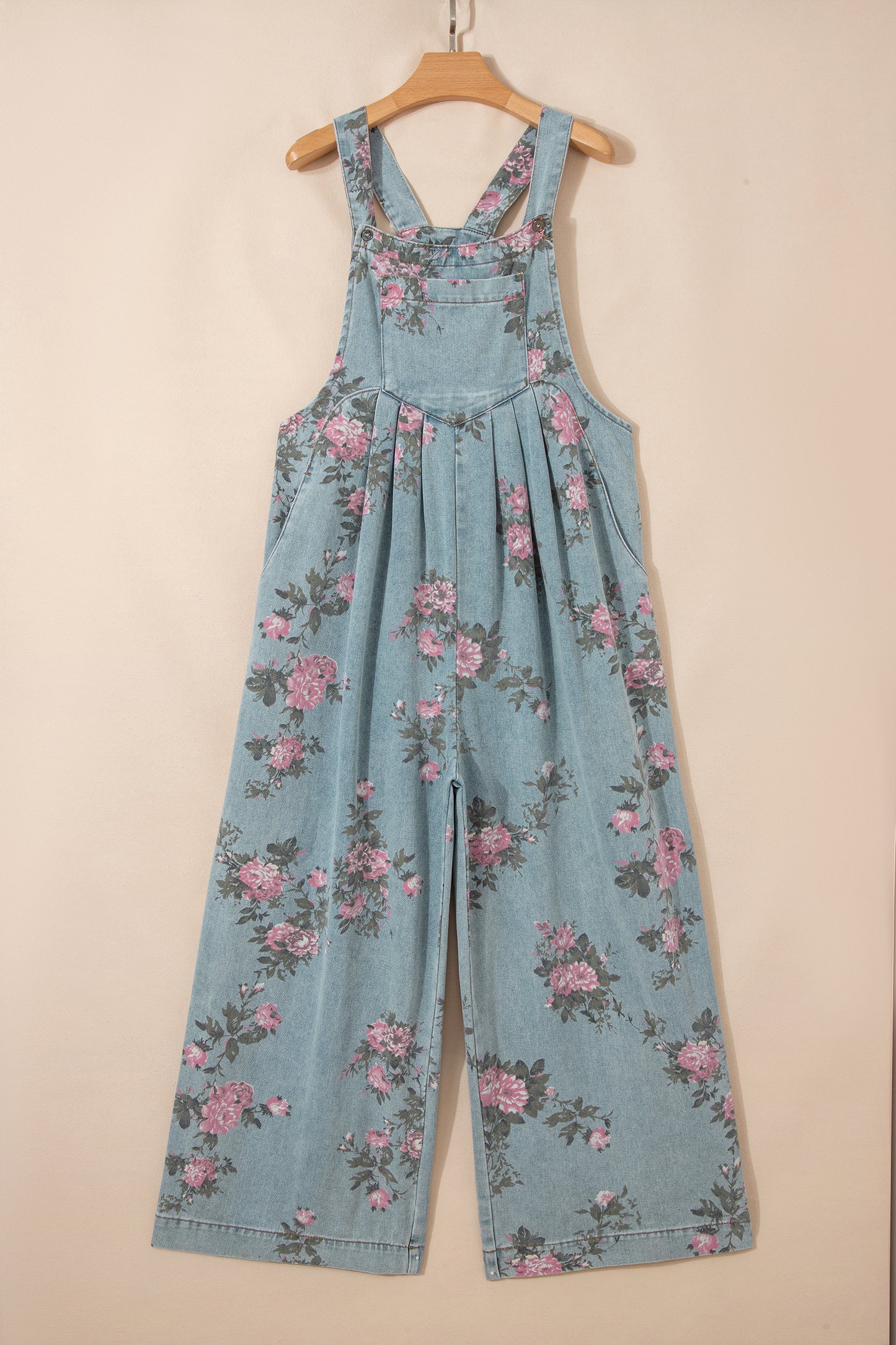 Beau Blue Floral Print Pleated High Waist Wide Leg Denim Jumpsuit-Jumpsuits & Rompers-[Adult]-[Female]-2022 Online Blue Zone Planet