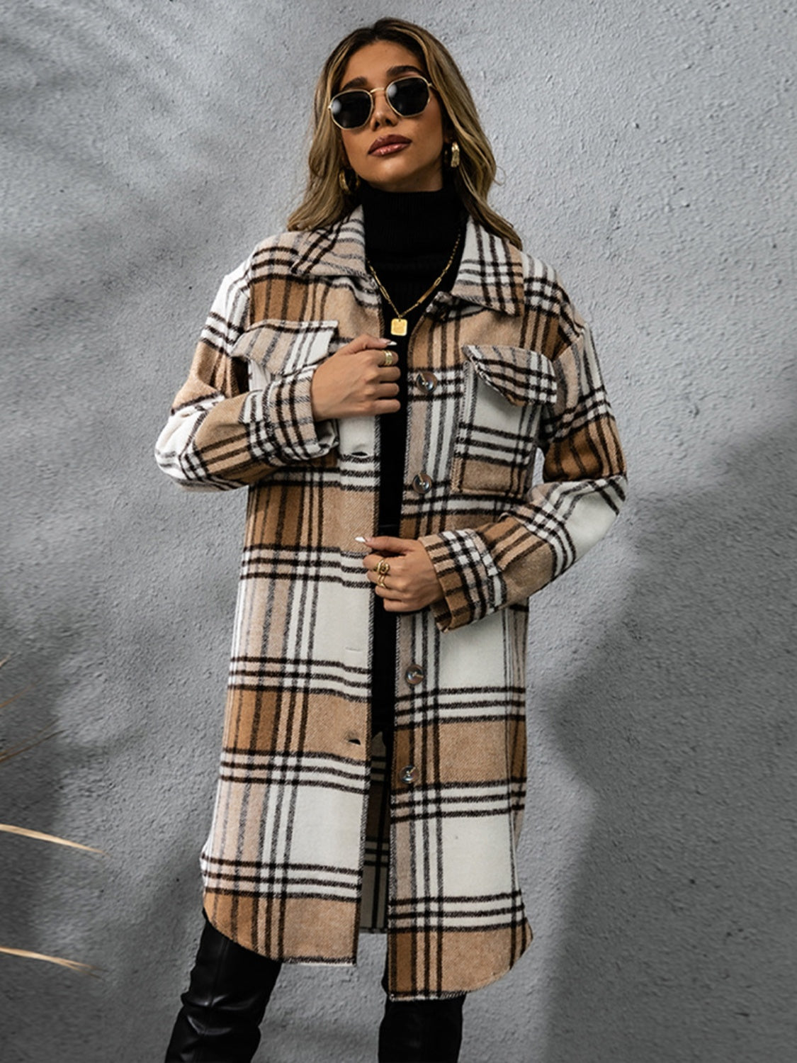 Plaid Collared Neck Long Sleeve Coat-TOPS / DRESSES-[Adult]-[Female]-Camel-S-2022 Online Blue Zone Planet