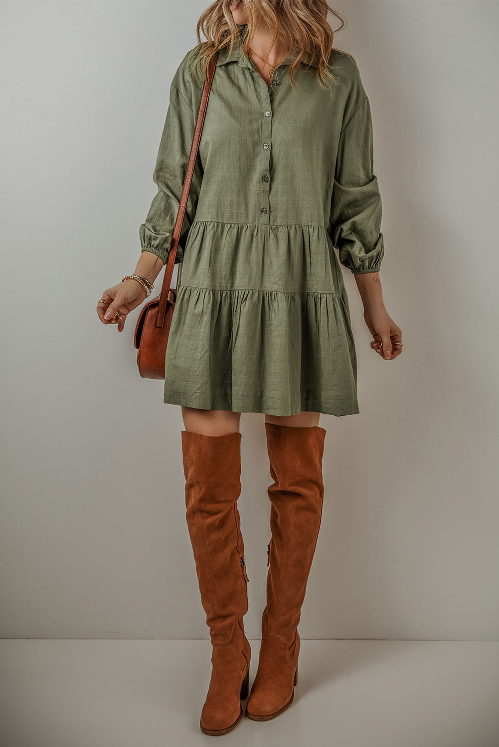 Blue Zone Planet | Jungle Green Puff Sleeve Buttoned Tiered Pleated Shirt Mini Dress-TOPS / DRESSES-[Adult]-[Female]-2022 Online Blue Zone Planet