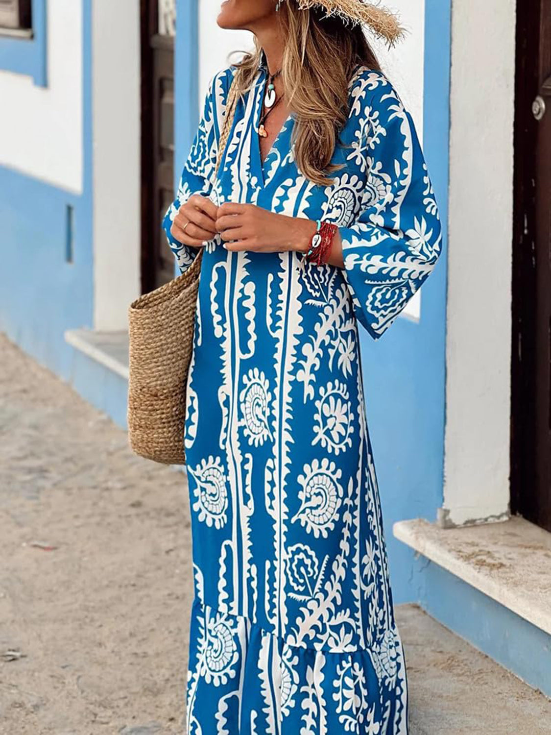 Printed Notched Half Sleeve Maxi Dress-TOPS / DRESSES-[Adult]-[Female]-Blue-S-2022 Online Blue Zone Planet