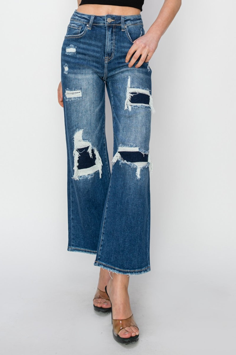 Blue Zone Planet | Risen Full Size High Rise Patch Detailed Wide Leg Crop Jeans-TOPS / DRESSES-[Adult]-[Female]-2022 Online Blue Zone Planet