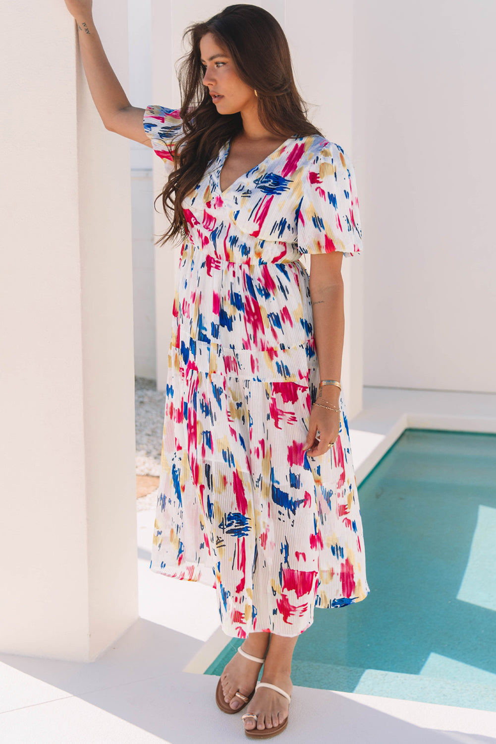 Rose Abstract Print Short Puff Sleeve Tiered Maxi Dress-TOPS / DRESSES-[Adult]-[Female]-2022 Online Blue Zone Planet