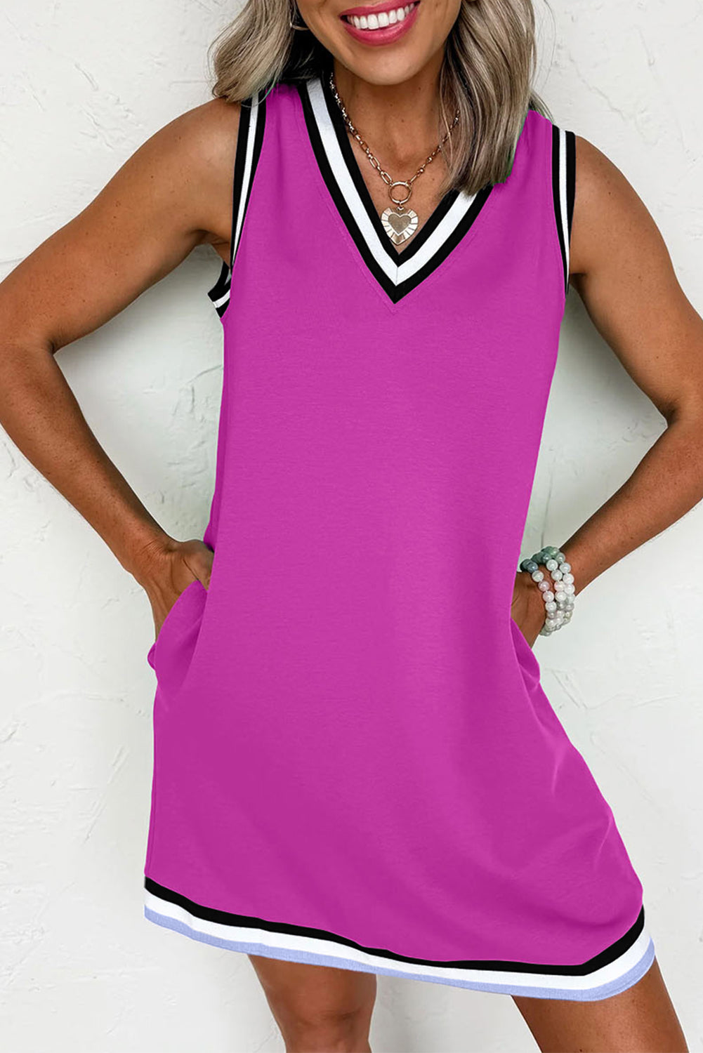 Purple Orchid Color Contrast Trim V Neck Shift Sleeveless Mini Dress Purple Orchid / XL / 80%Polyester+20%Cotton by Blue Zone Planet