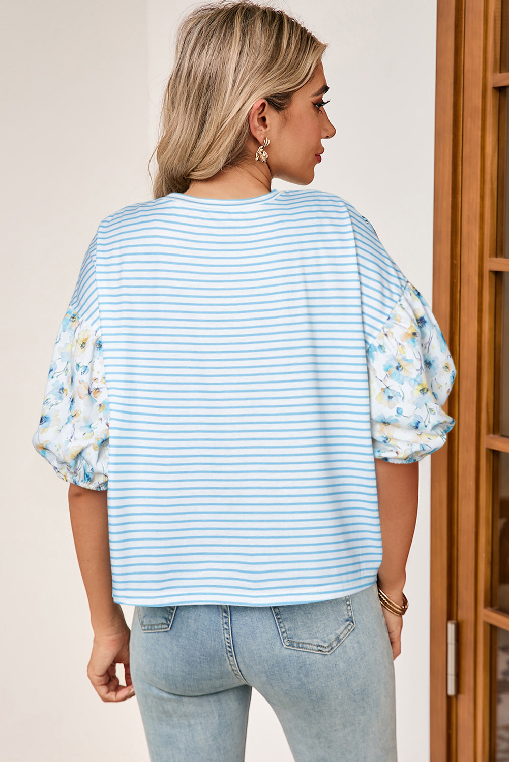 Sky Blue Stripe 3/4 Floral Puff Sleeve Patchwork Drop Shoulder Top-Tops/Blouses & Shirts-[Adult]-[Female]-2022 Online Blue Zone Planet