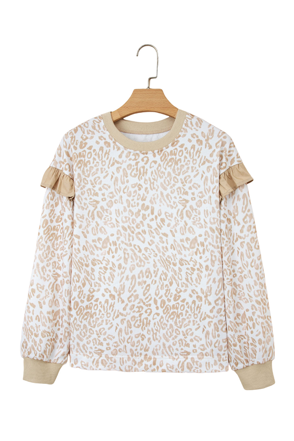 Khaki Leopard Ruffle Detail Ribbed Trim Round Neck Sweatshirt-Tops/Sweatshirts & Hoodies-[Adult]-[Female]-2022 Online Blue Zone Planet