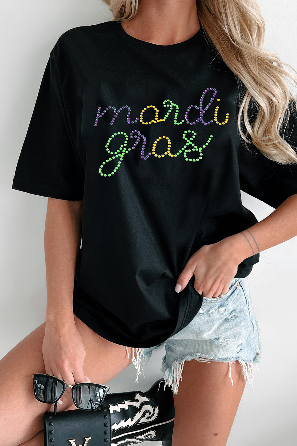 Blue Zone Planet | Black mardi gras Letter Print Casual Crewneck Tee-Graphic Tees-[Adult]-[Female]-Black-S-2022 Online Blue Zone Planet