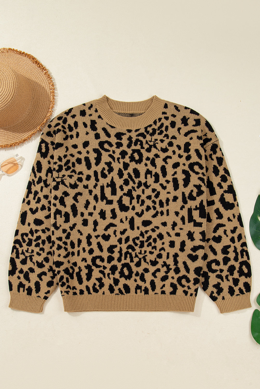 Light French Beige Ribbed Trim Round Neck Leopard Drop Shoulder Sweater-Sweaters & Cardigans/Sweaters-[Adult]-[Female]-2022 Online Blue Zone Planet