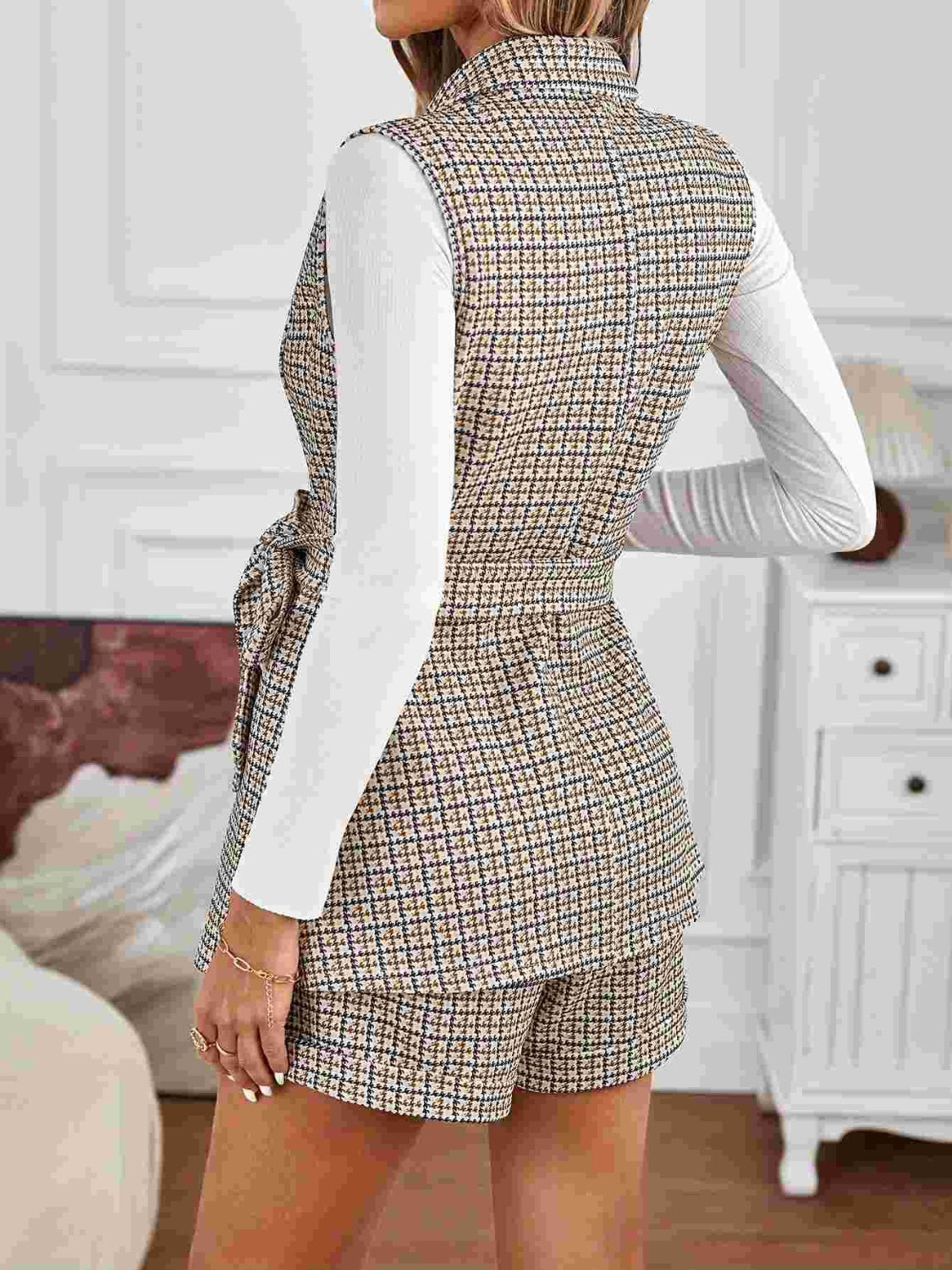 Tied Plaid Collared Neck Vest and Shorts Set-TOPS / DRESSES-[Adult]-[Female]-2022 Online Blue Zone Planet