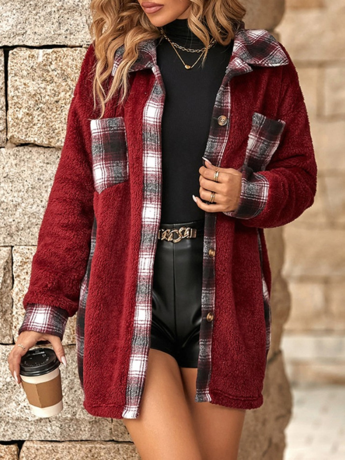 Plaid Button Up Long Sleeve Fuzzy Outerwear-TOPS / DRESSES-[Adult]-[Female]-Burgundy-S-2022 Online Blue Zone Planet