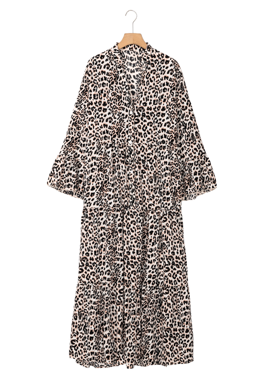 Blue Zone Planet | Apricot Leopard Print Tiered Wide Sleeve Maxi Dress-TOPS / DRESSES-[Adult]-[Female]-2022 Online Blue Zone Planet