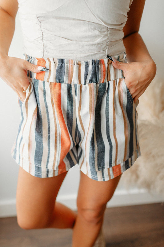 Esme's Stripe Vintage Washed Elastic Frill Waist Casual Shorts