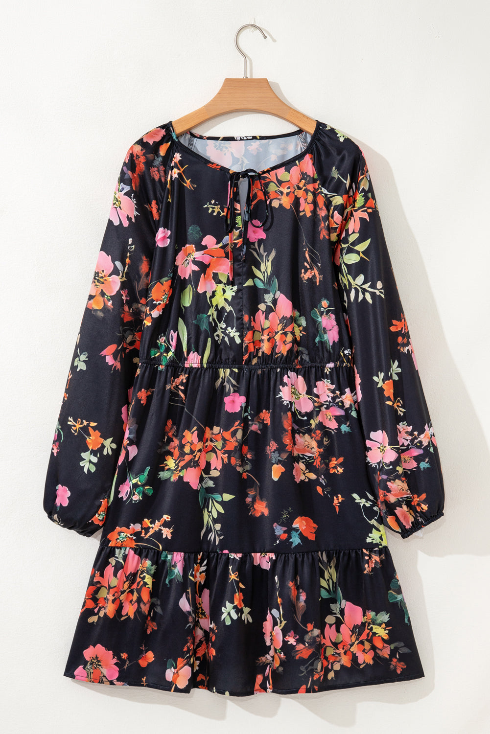 Black Plus Size Floral Print Tie Neck Cinched Waist Long Sleeve Mini Dress Black / 3X / 100%Polyester by Blue Zone Planet