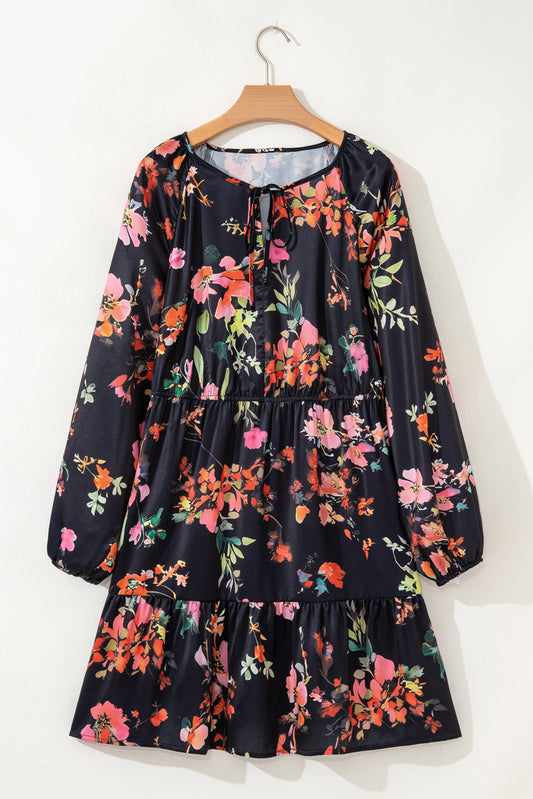 Black Plus Size Floral Print Tie Neck Cinched Waist Long Sleeve Mini Dress-Plus Size/Plus Size Dresses/Plus Size Mini Dresses-[Adult]-[Female]-2022 Online Blue Zone Planet
