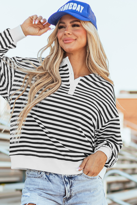 White Stripe Color Block Buttoned Crew Neck Oversized Sweatshirt-Tops/Sweatshirts & Hoodies-[Adult]-[Female]-White Stripe-S-2022 Online Blue Zone Planet