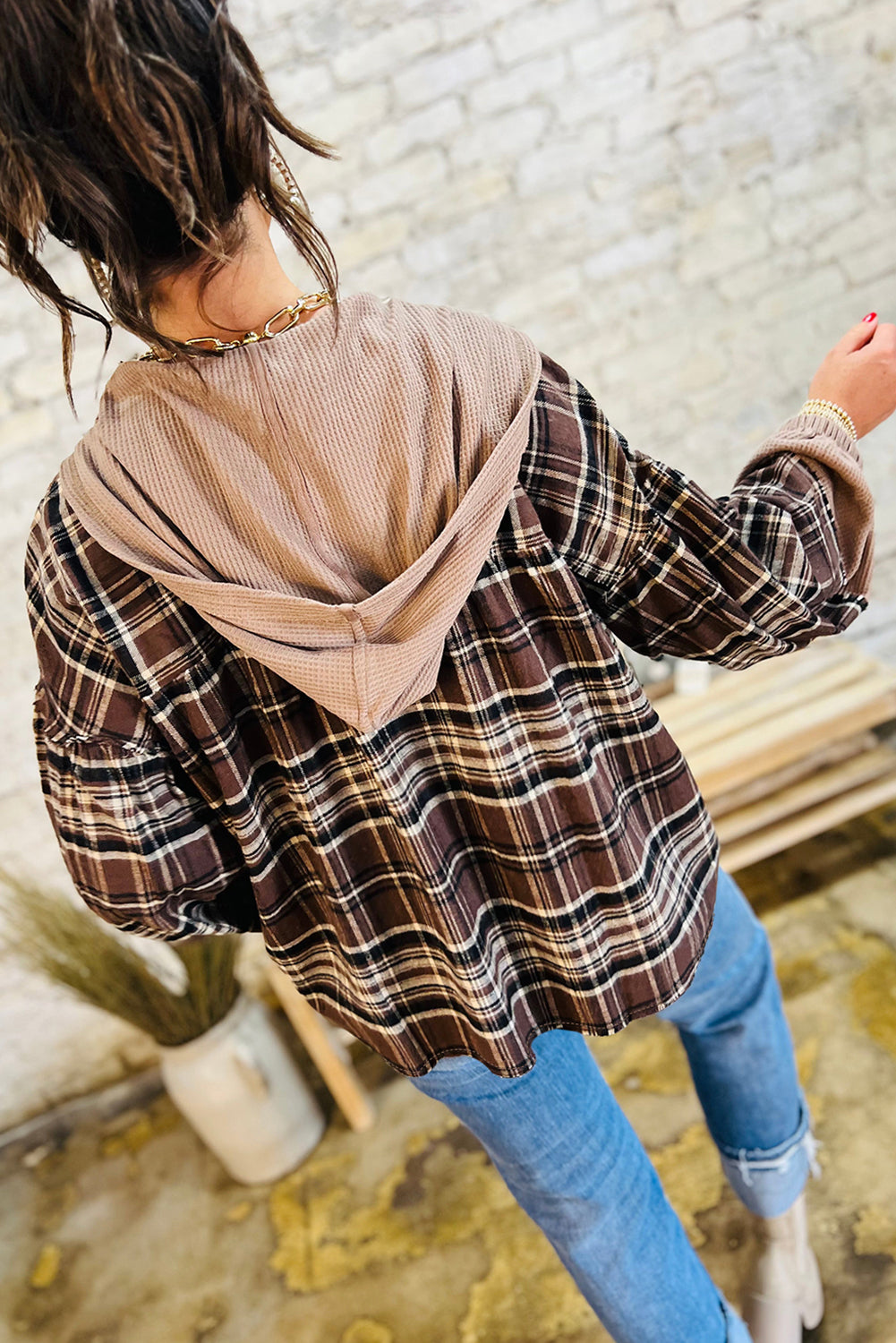 Brown Plaid Patchwork Long Sleeve Button Hooded Blouse-Tops / Dresses-[Adult]-[Female]-2022 Online Blue Zone Planet