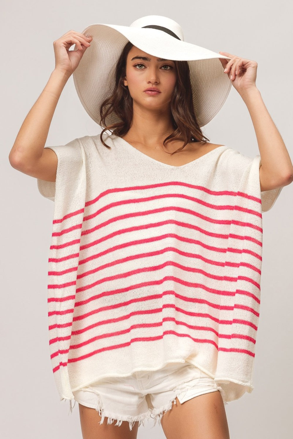 BiBi V Neck Striped Short Sleeve Top-TOPS / DRESSES-[Adult]-[Female]-Fuchsia-S-2022 Online Blue Zone Planet