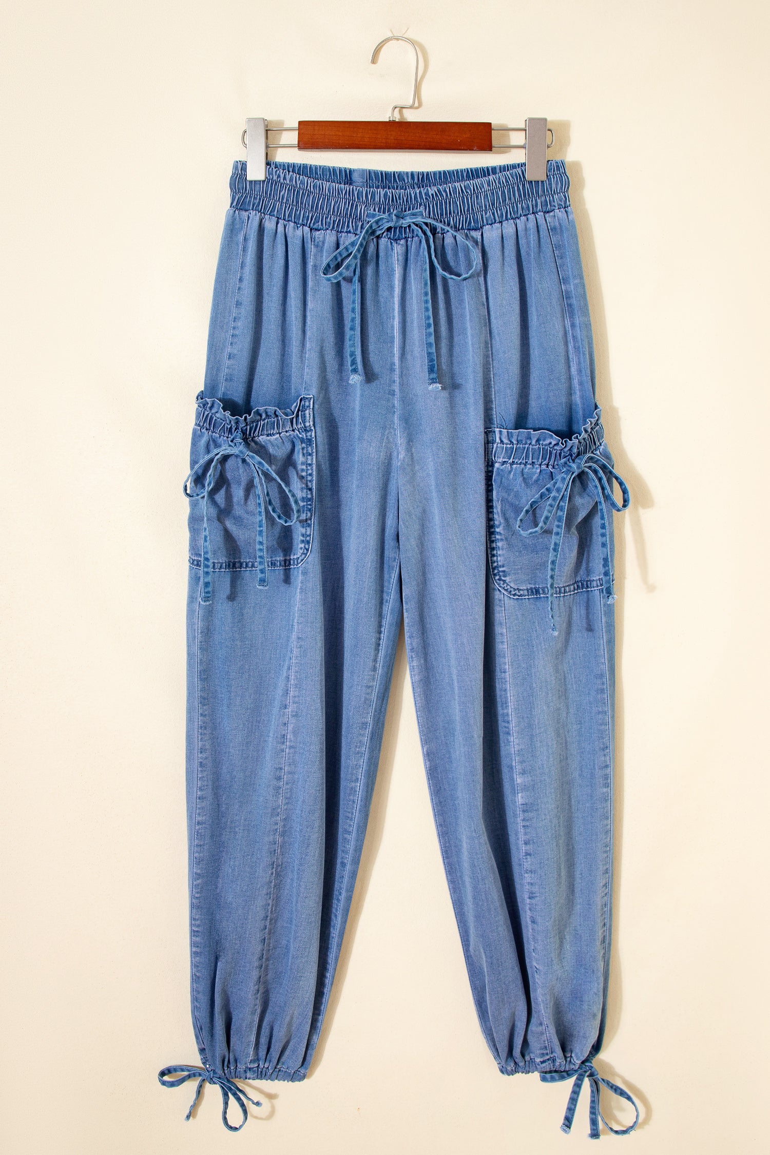 Beau Blue Drawstring Elastic Waist Pocketed Loose Denim Pants-Bottoms/Jeans-[Adult]-[Female]-2022 Online Blue Zone Planet