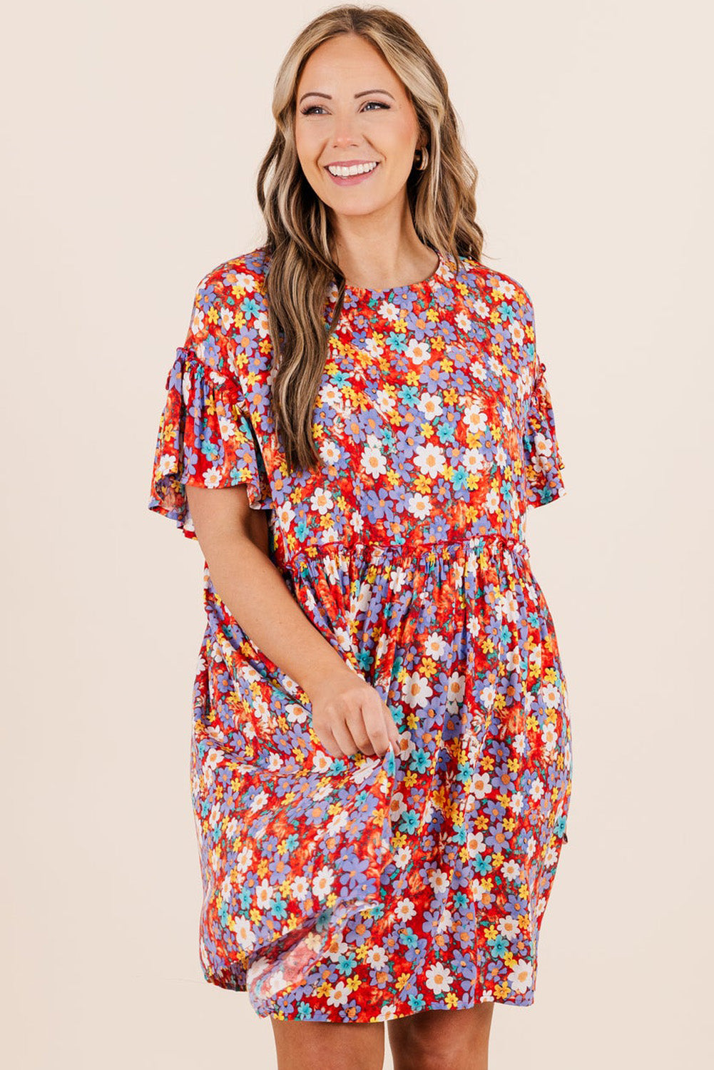 Red Flower Print Frill Waist Plus Size Mini Dress-Plus Size Dresses-[Adult]-[Female]-2022 Online Blue Zone Planet