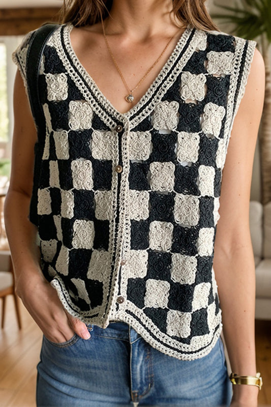 Crochet Checkered V-Neck Button Up Vest-TOPS / DRESSES-[Adult]-[Female]-Beige-One Size-2022 Online Blue Zone Planet