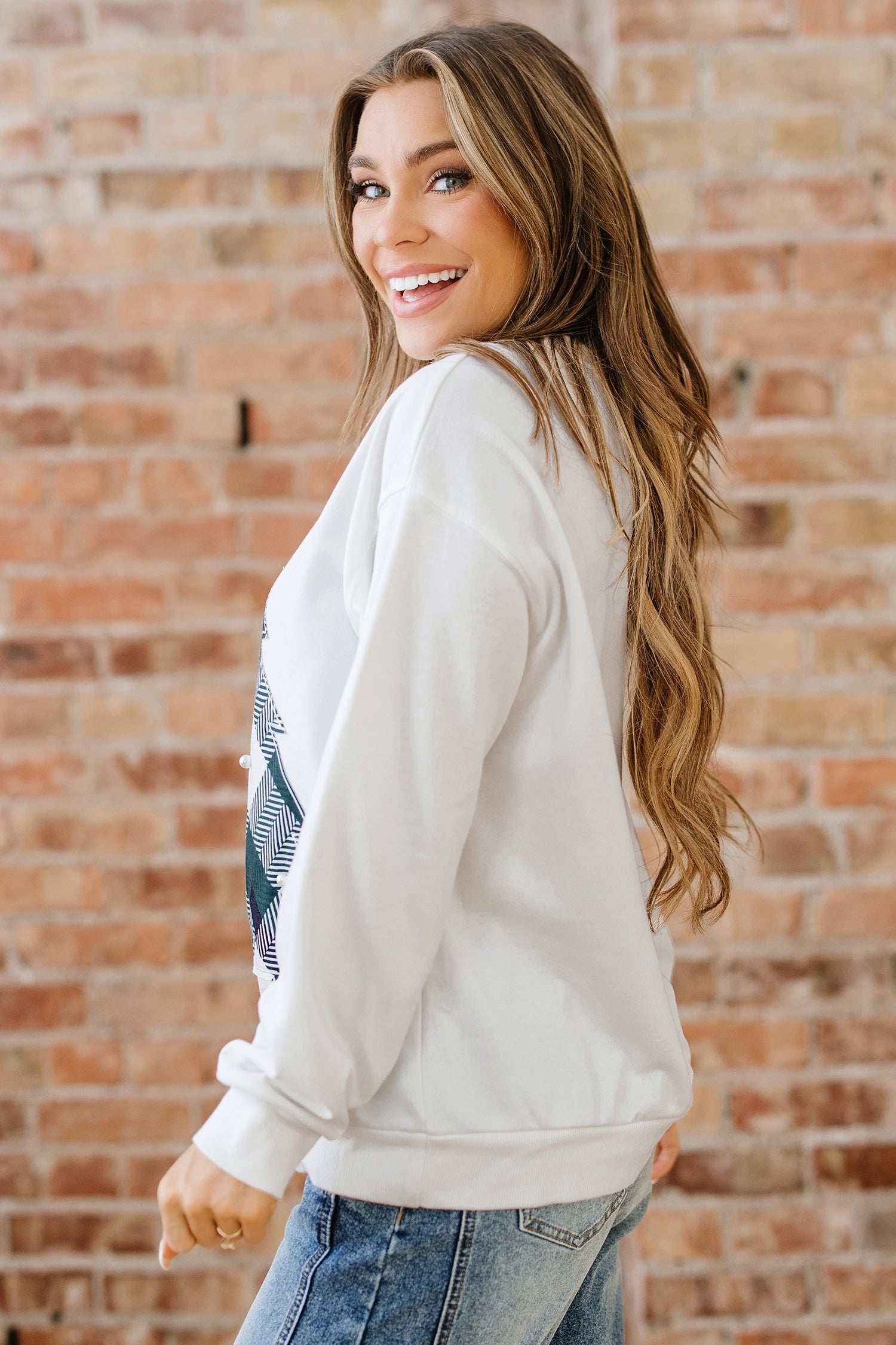 White Pearl Plaid Christmas Tree Patched Drop Shoulder Sweatshirt-Tops/Sweatshirts & Hoodies-[Adult]-[Female]-2022 Online Blue Zone Planet