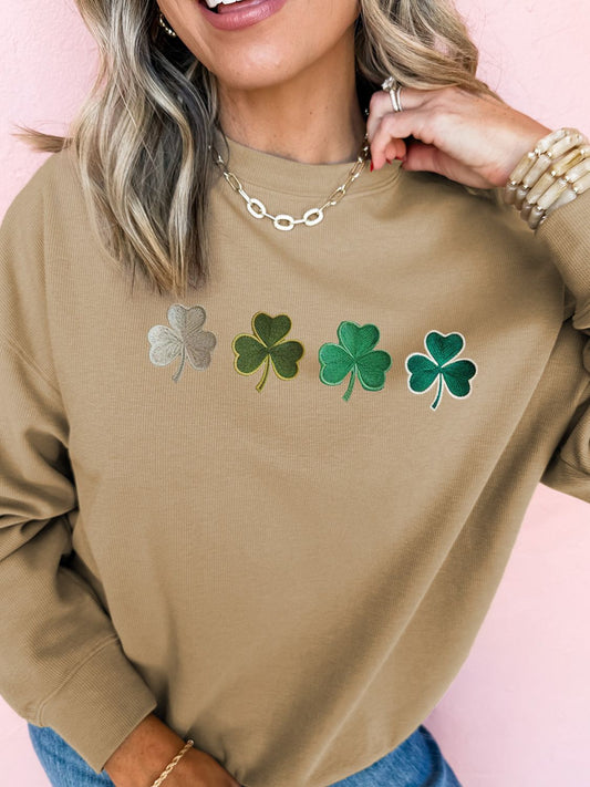 Embroidered Clover Pattern Round Neck Sweatshirt-TOPS / DRESSES-[Adult]-[Female]-Camel-(US 4-6)S-2022 Online Blue Zone Planet