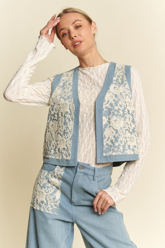 Davi & Dani Lace Patch Open Front Denim Vest-TOPS / DRESSES-[Adult]-[Female]-Light-S-2022 Online Blue Zone Planet