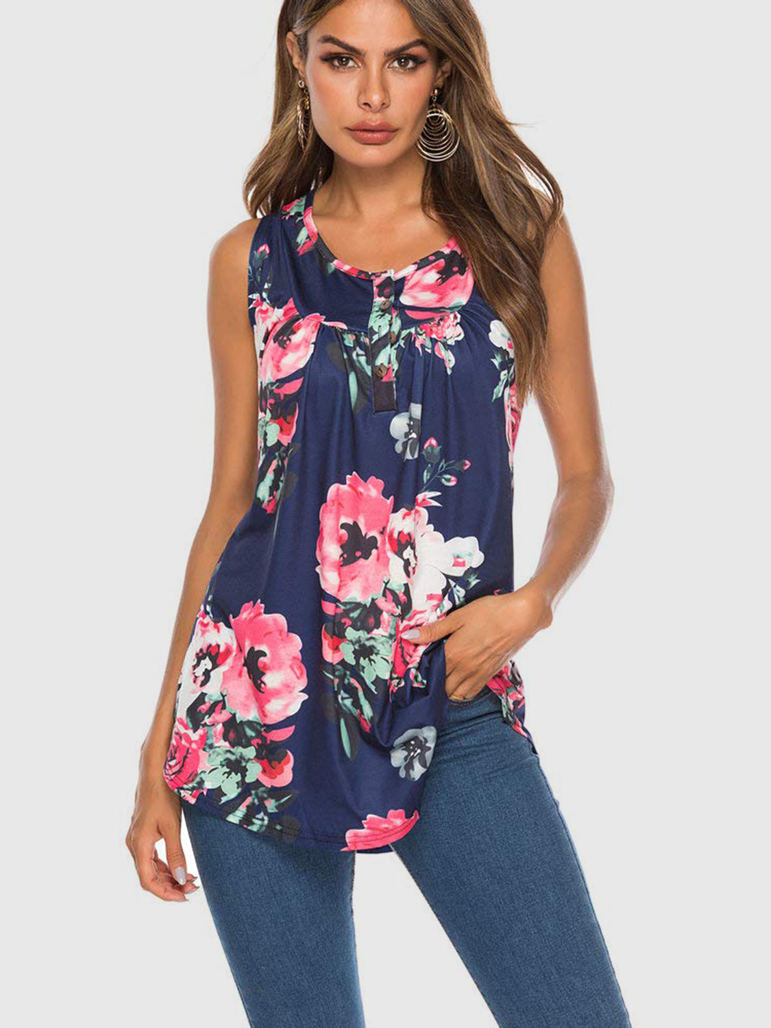 Flower Printed Round Neck Tank-TOPS / DRESSES-[Adult]-[Female]-Dark Blue-S-2022 Online Blue Zone Planet