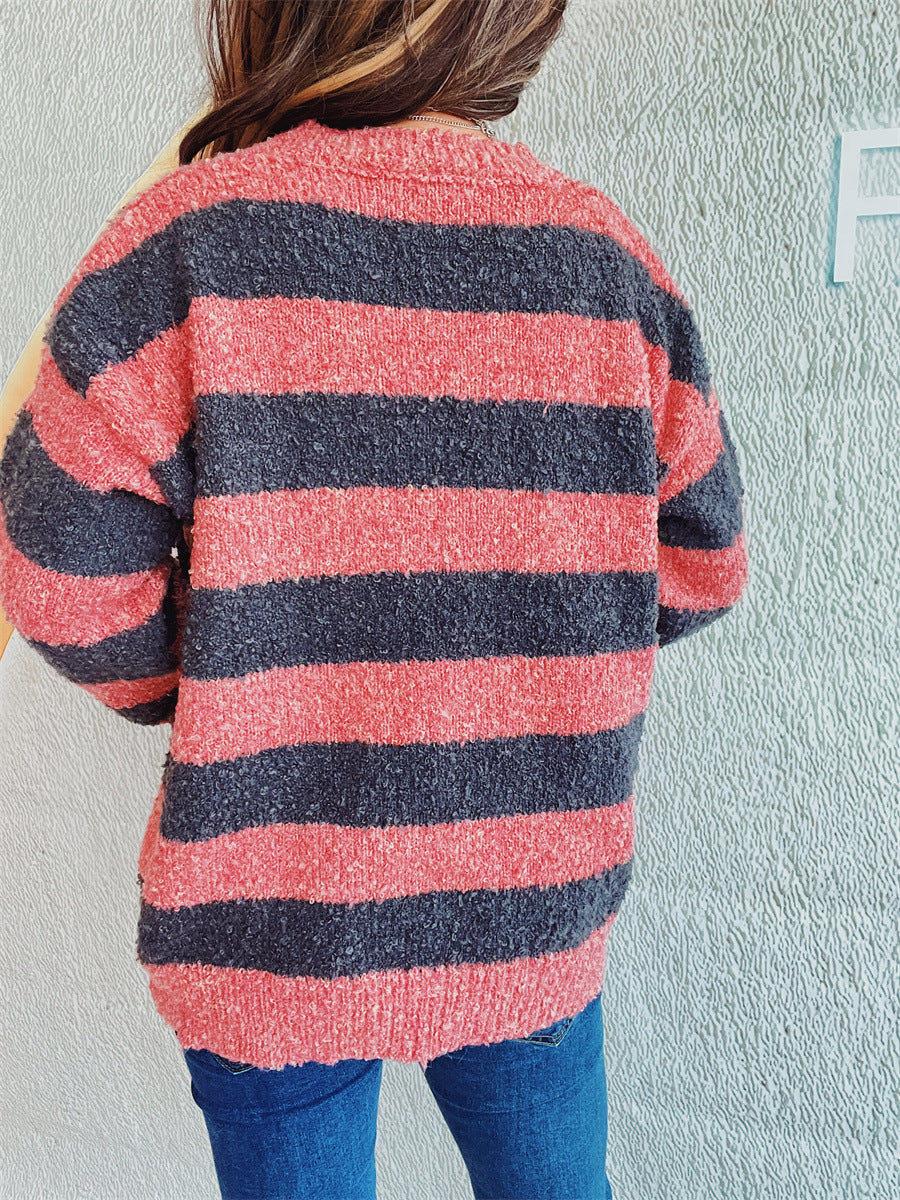 Blue Zone Planet | Striped Round Neck Long Sleeve Sweater-TOPS / DRESSES-[Adult]-[Female]-2022 Online Blue Zone Planet