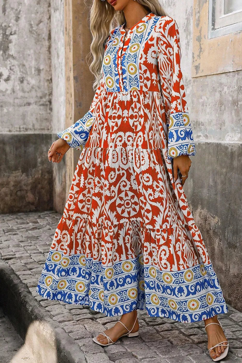 Printed Notched Long Sleeve Maxi Dress-TOPS / DRESSES-[Adult]-[Female]-2022 Online Blue Zone Planet