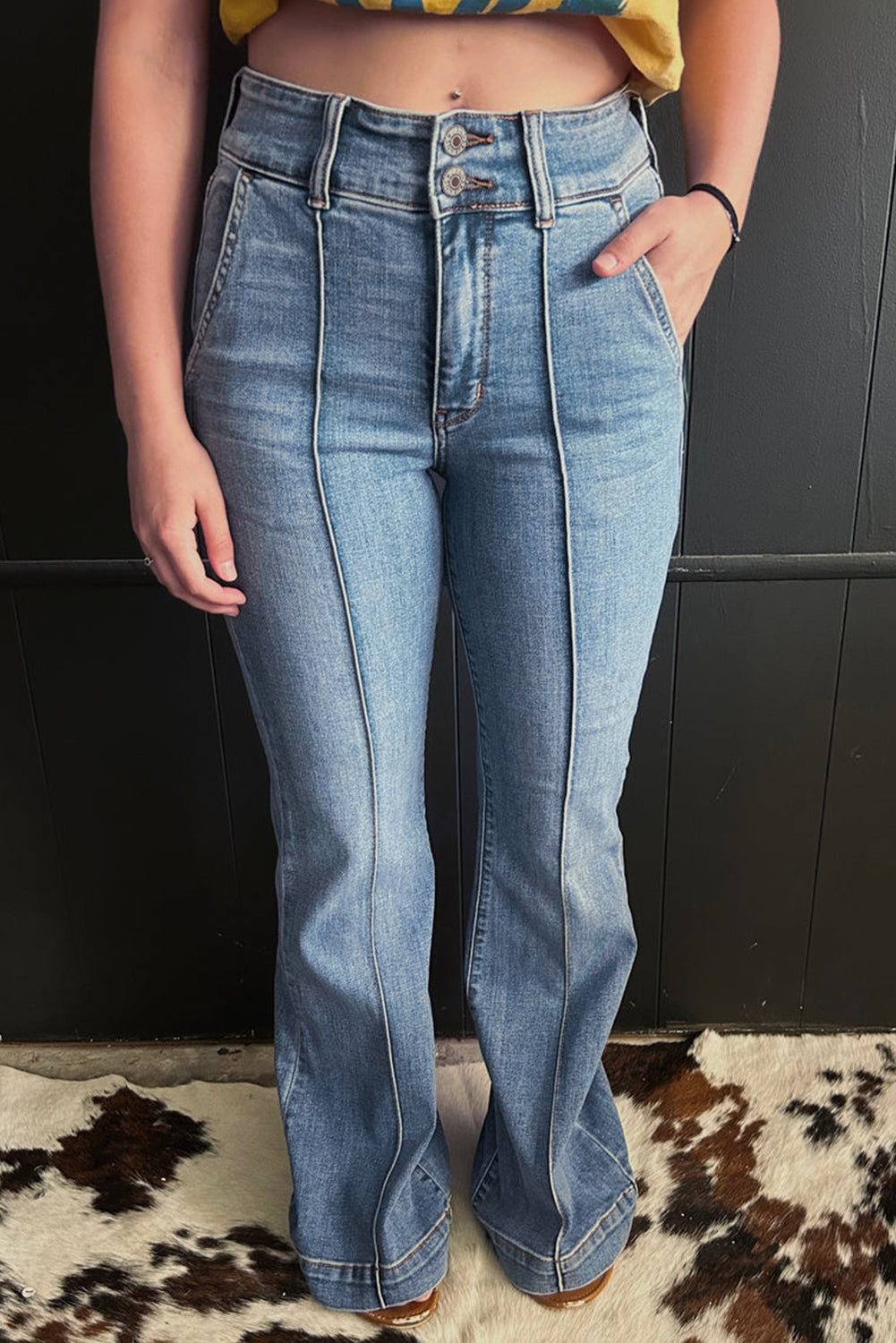 Dusk Blue 2 Button High Waist Piping Trim Bootcut Jeans-Bottoms/Jeans-[Adult]-[Female]-Dusk Blue-4-2022 Online Blue Zone Planet