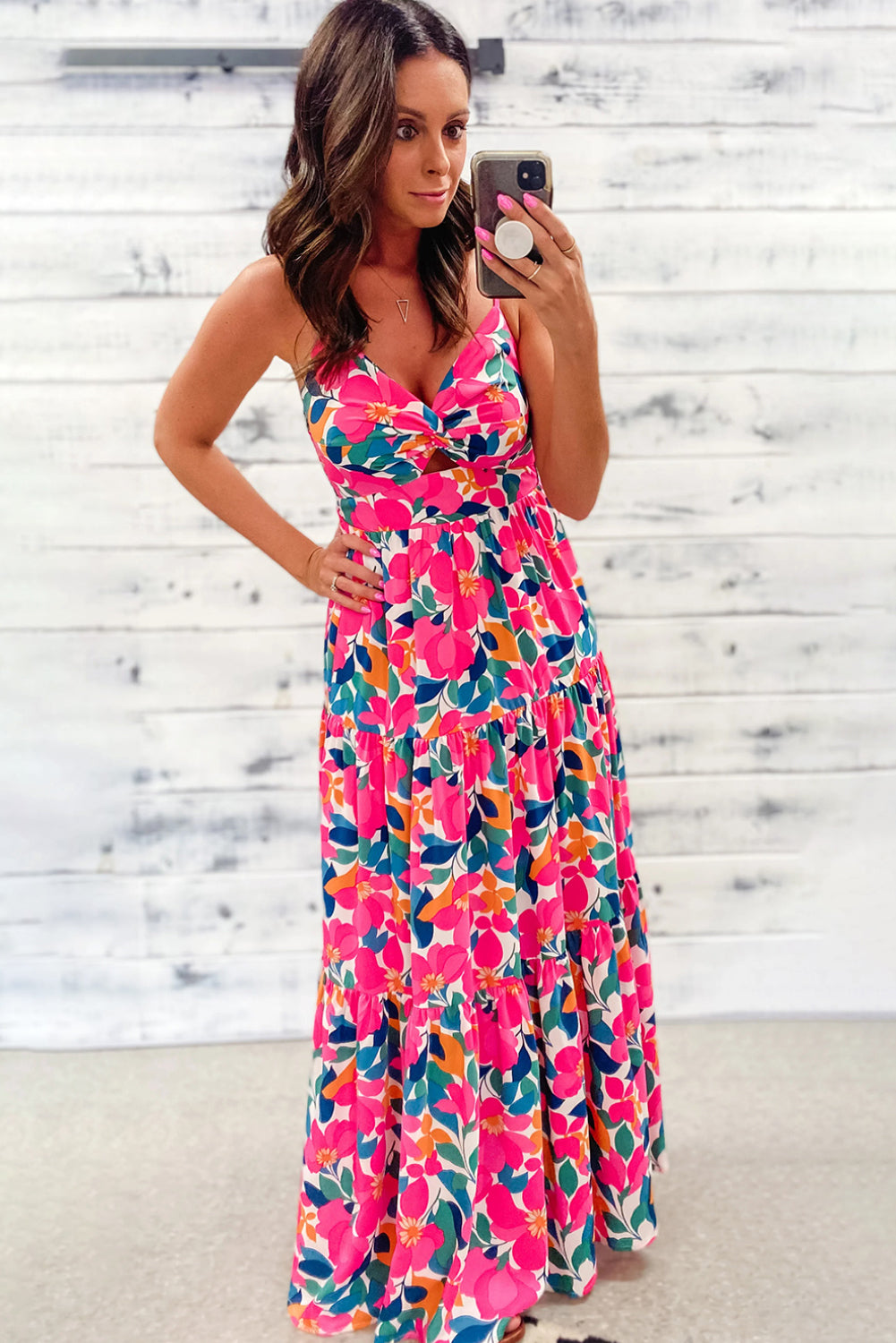 Rose Floral Twisted Smocked Back Tiered Maxi Dress Blue Zone Planet