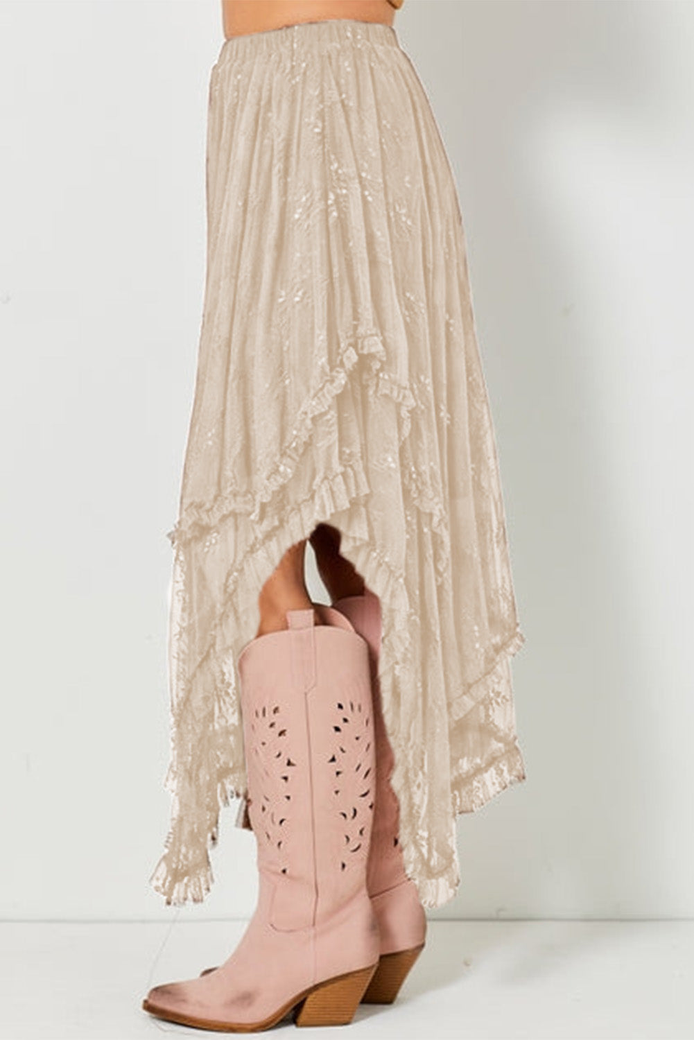 Apricot Lace Cascading Tiered High Waist Maxi Skirt-Bottoms/Skirts & Petticoat-[Adult]-[Female]-2022 Online Blue Zone Planet