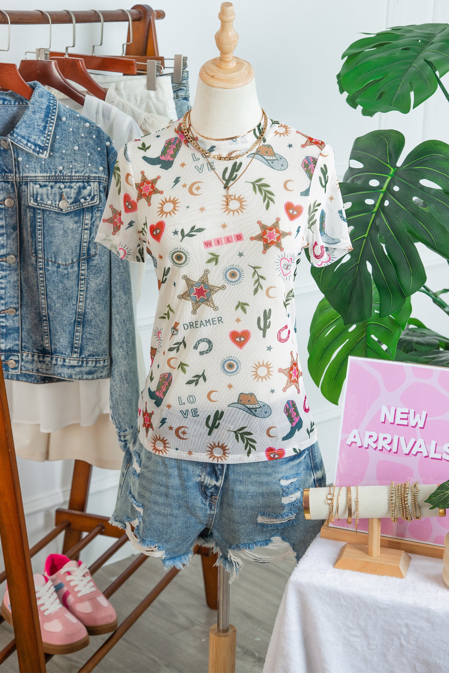 White Love Wild Dreamer Western Print Sheer Mesh Top-Tops/Tops & Tees-[Adult]-[Female]-2022 Online Blue Zone Planet