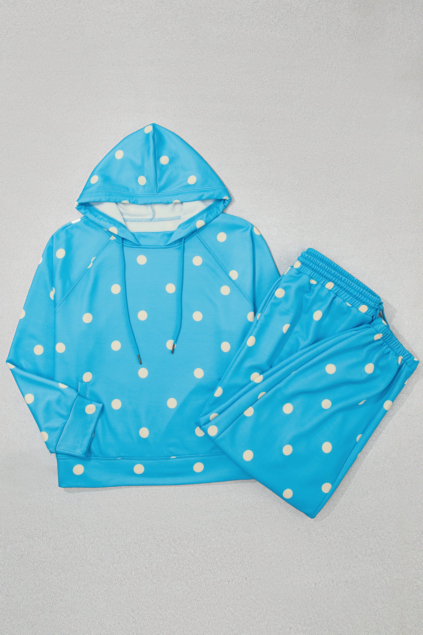 Blue Polka Dot Hooded Drawstring Long Sleeve Plus Size Set-Tops / Dresses-[Adult]-[Female]-2022 Online Blue Zone Planet