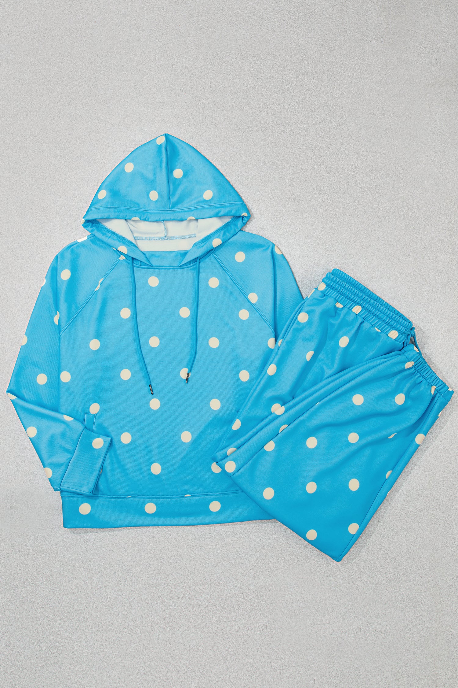 Blue Polka Dot Hooded Drawstring Long Sleeve Plus Size Set-Tops / Dresses-[Adult]-[Female]-2022 Online Blue Zone Planet