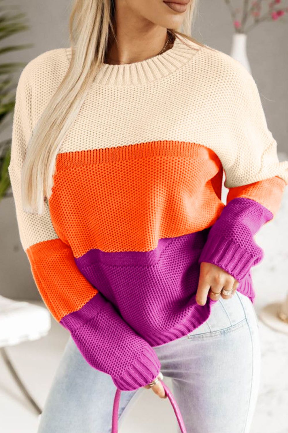 Blue Zone Planet | Color Block Drop Shoulder Round Neck Sweater-TOPS / DRESSES-[Adult]-[Female]-Orange-S-2022 Online Blue Zone Planet