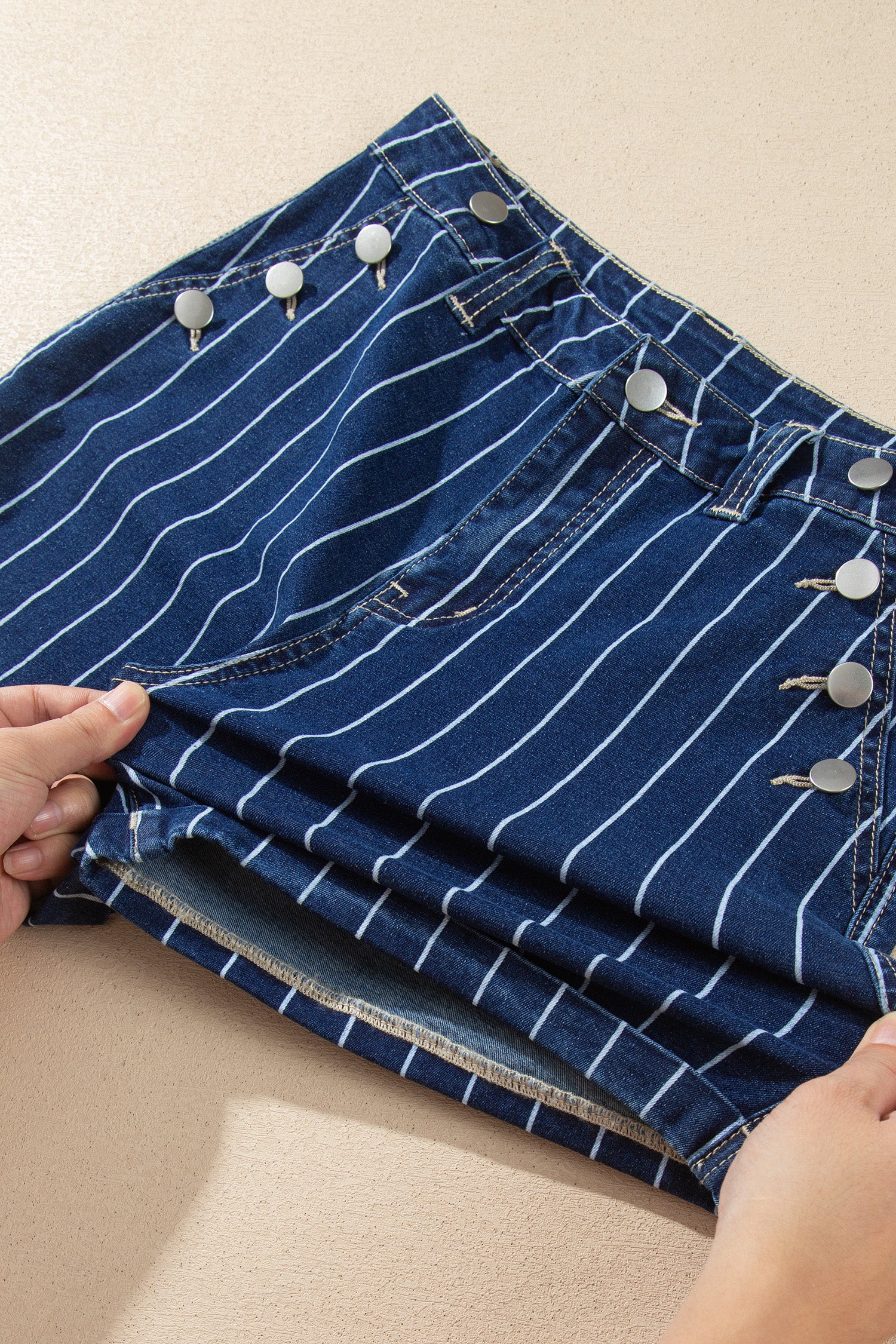 Blue Stripe Metal Button Detail Womens Denim Shorts-Bottoms/Denim Shorts-[Adult]-[Female]-2022 Online Blue Zone Planet