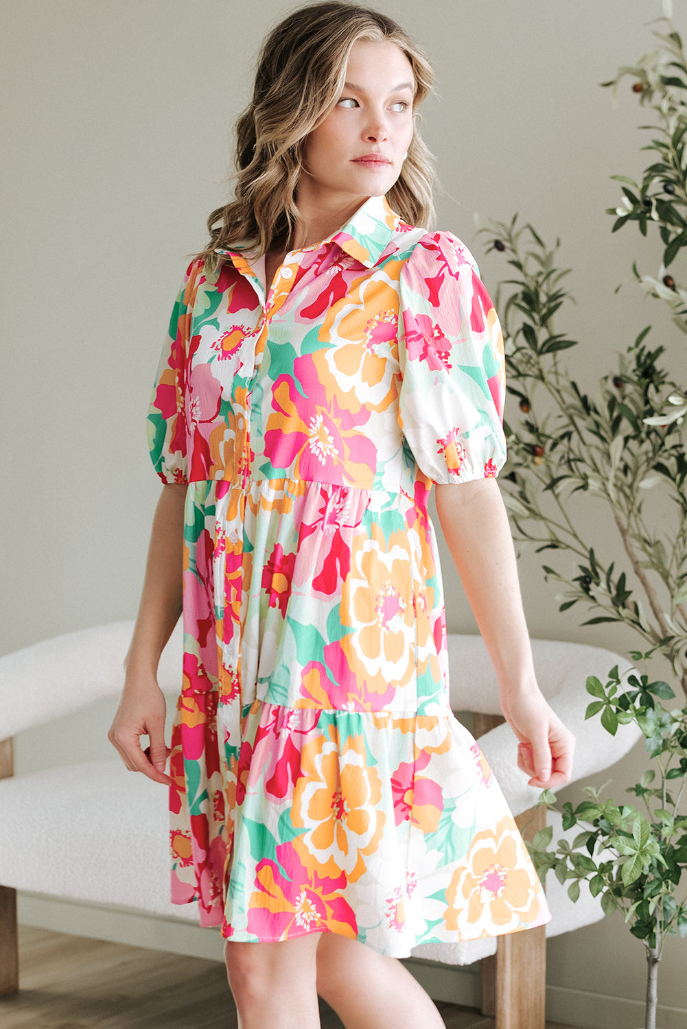 Blue Zone Planet | Green Floral Puff Sleeve Collar Buttoned Babydoll Dress-TOPS / DRESSES-[Adult]-[Female]-2022 Online Blue Zone Planet