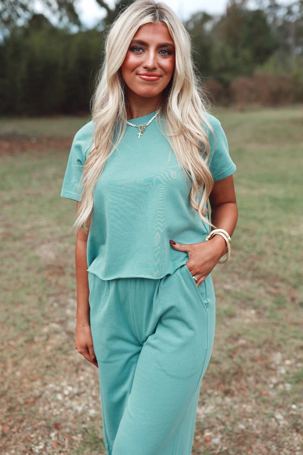 Mint Green Raglan Short Sleeve Tee and Wide Leg Pants Set-Two Piece Sets/Pant Sets-[Adult]-[Female]-2022 Online Blue Zone Planet