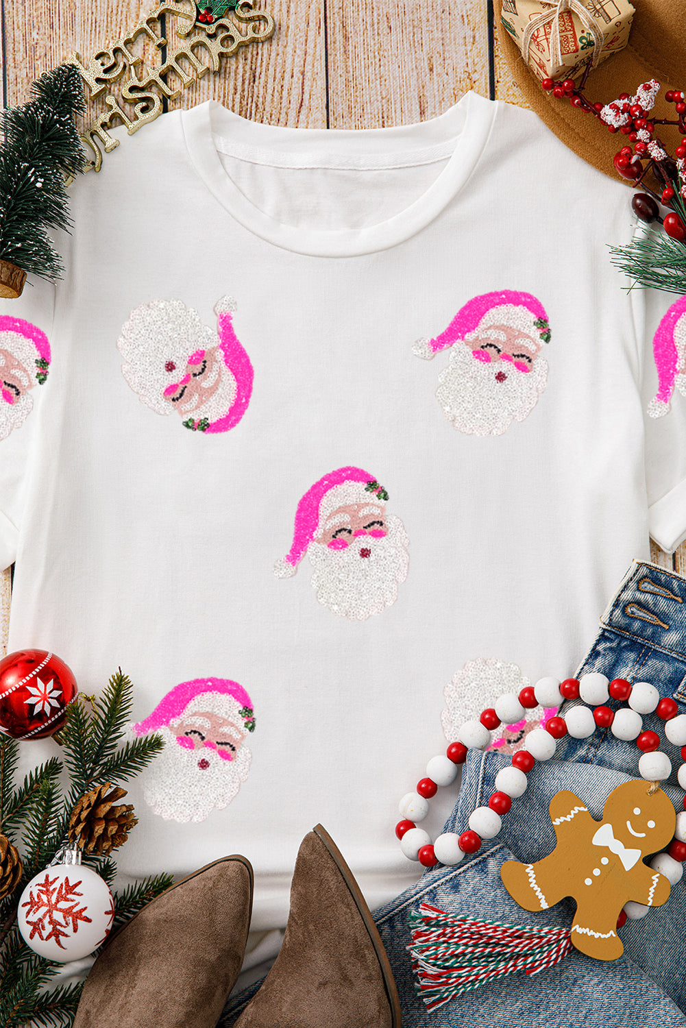 Blue Zone Planet | White Sequin Santa Clause Pattern Funny Christmas T Shirt-Graphic/Graphic Tees-[Adult]-[Female]-2022 Online Blue Zone Planet