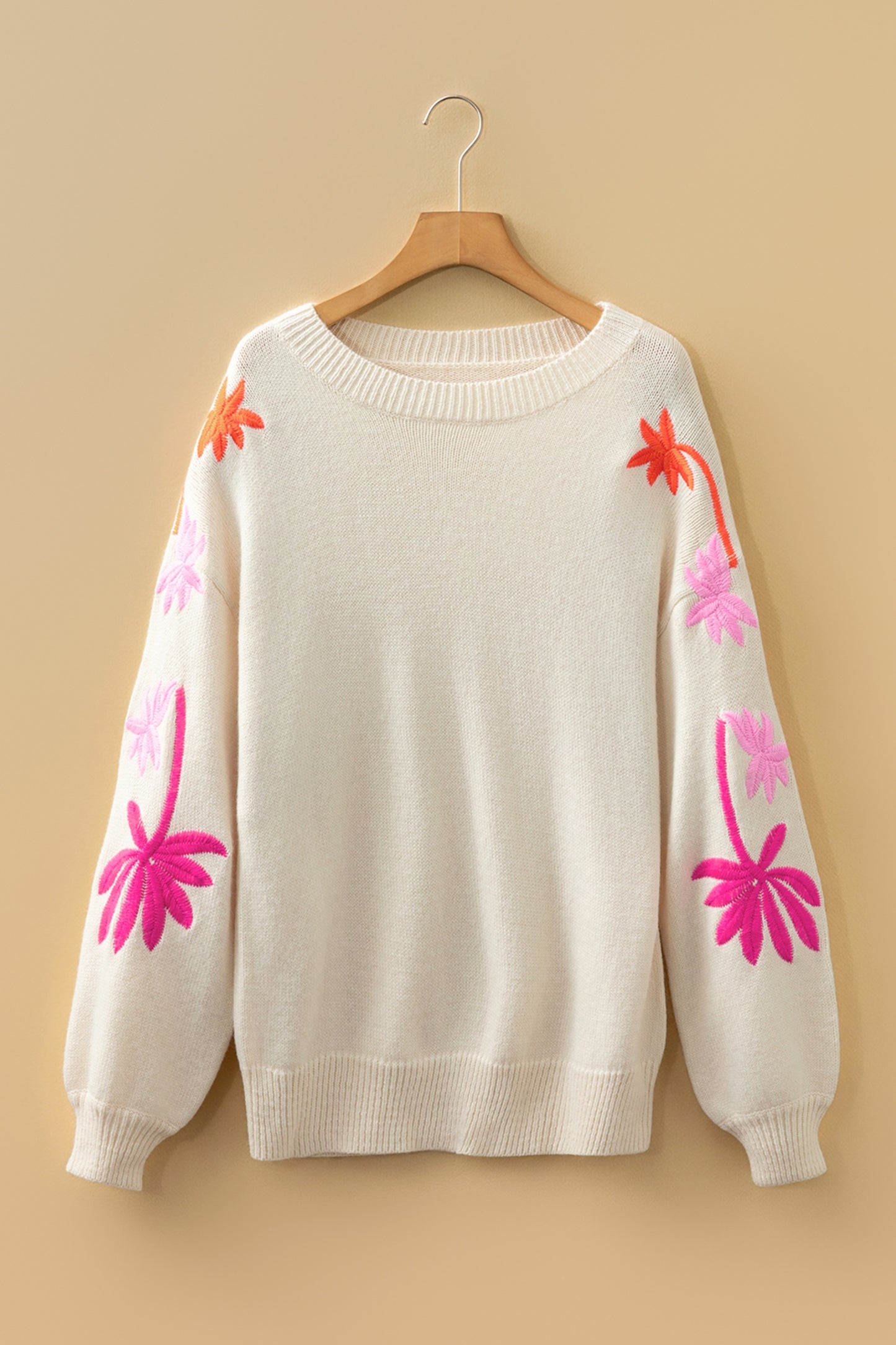 Beige Embroidered Floral Sleeve Round Neck Loose Sweater-TOPS / DRESSES-[Adult]-[Female]-2022 Online Blue Zone Planet