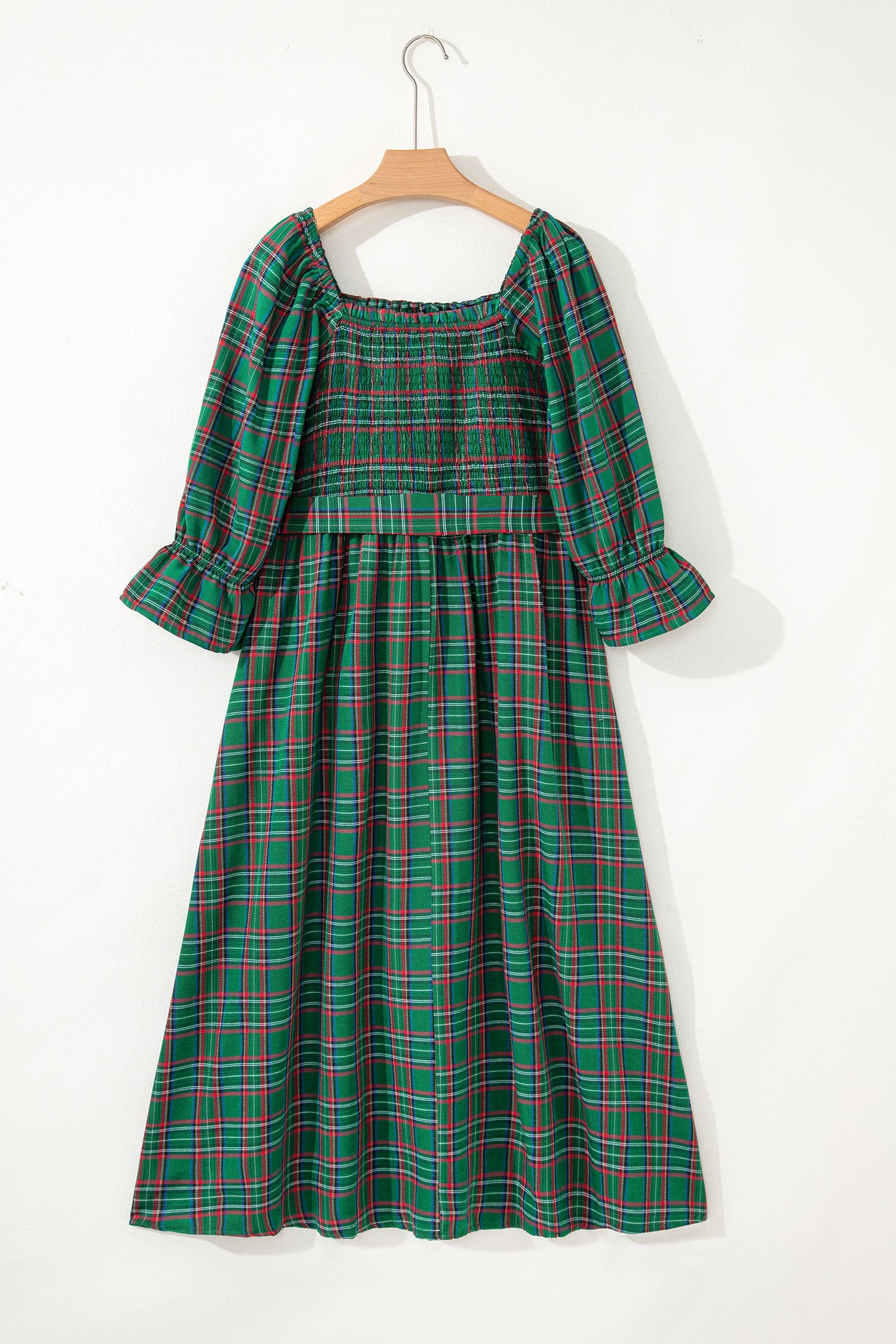 Green Tartan Plaid Square Neck Puff Sleeve Knot Waist Flared Midi Dress-TOPS / DRESSES-[Adult]-[Female]-2022 Online Blue Zone Planet