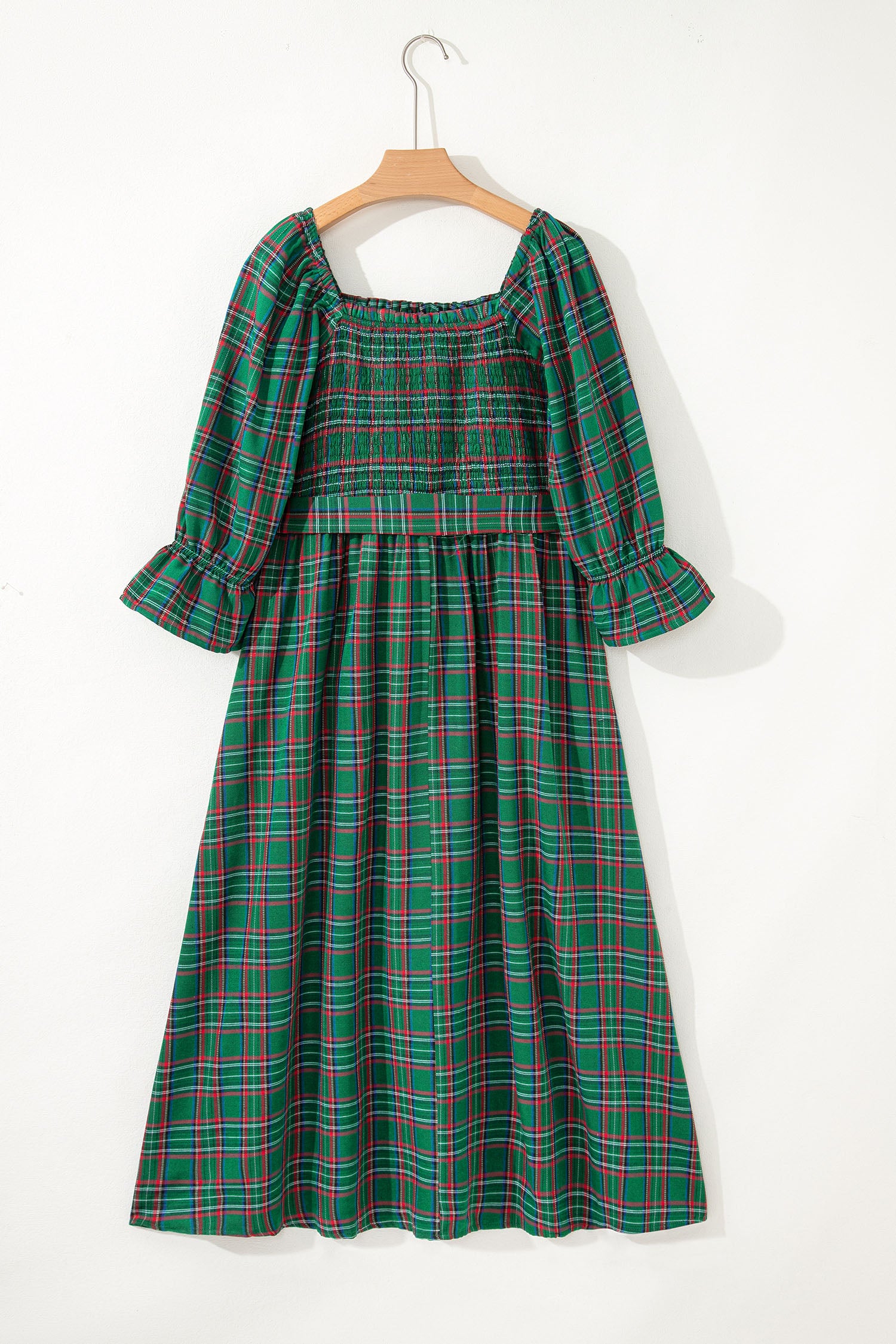 Green Tartan Plaid Square Neck Puff Sleeve Knot Waist Flared Midi Dress-TOPS / DRESSES-[Adult]-[Female]-2022 Online Blue Zone Planet