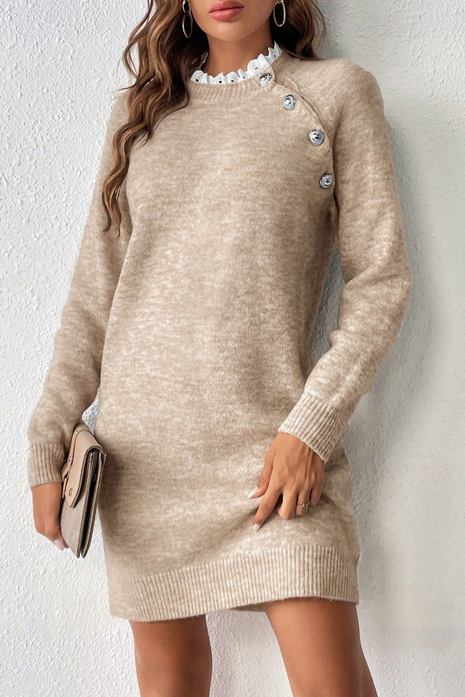 Parchment Button Lace Detail Raglan Sleeve Shift Mini Sweater Dress-TOPS / DRESSES-[Adult]-[Female]-2022 Online Blue Zone Planet