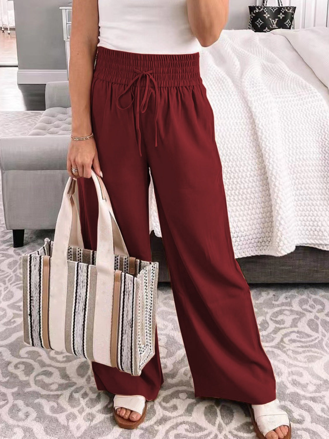 Full Size Drawstring High Waist Wide Leg Pants-BOTTOMS SIZES SMALL MEDIUM LARGE-[Adult]-[Female]-Burgundy-S-2022 Online Blue Zone Planet