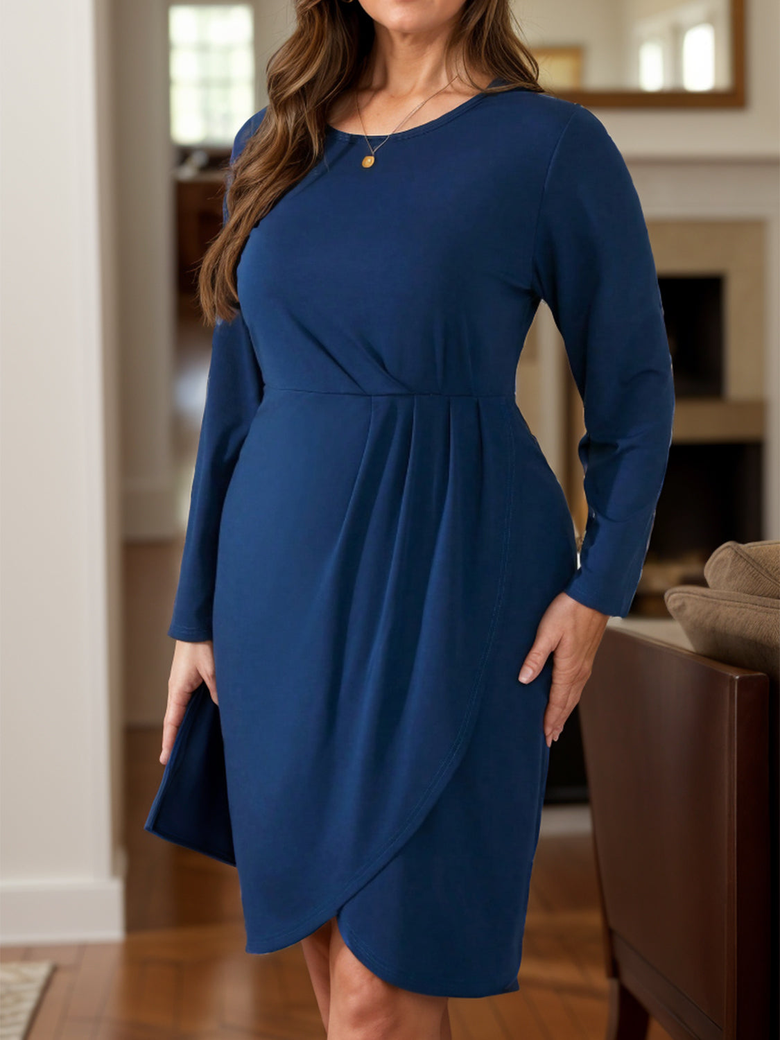 Ruched Round Neck Long Sleeve Mini Dress-TOPS / DRESSES-[Adult]-[Female]-Navy-S-2022 Online Blue Zone Planet