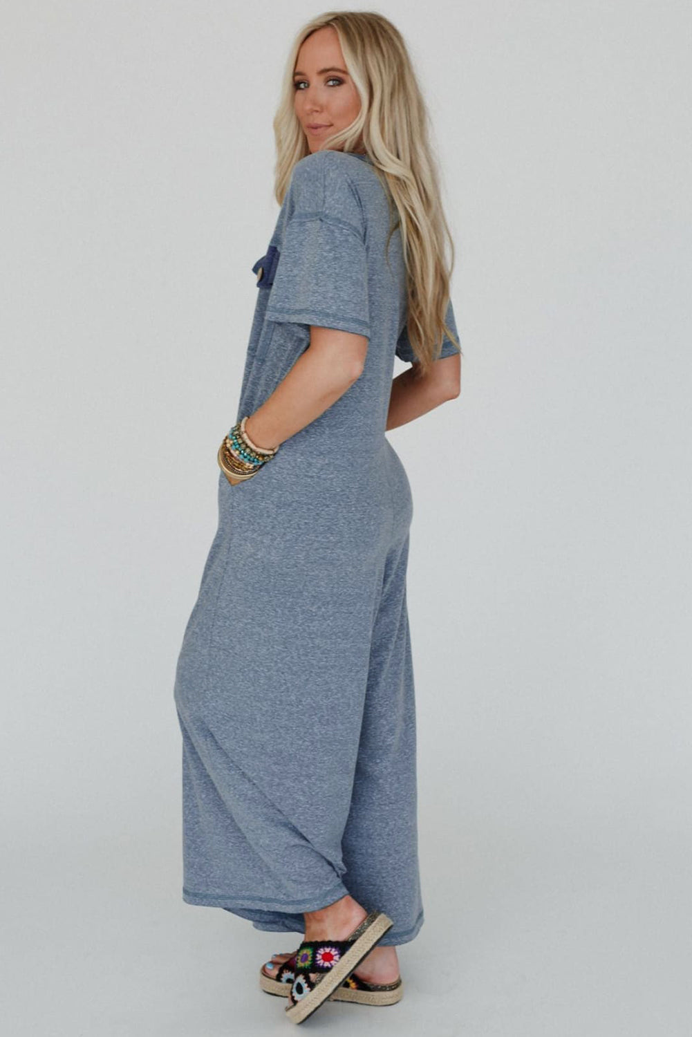 Beau Blue Half Placket Chest Pockets Short Sleeve Wide Leg Jumpsuit-Bottoms/Jumpsuits & Rompers-[Adult]-[Female]-2022 Online Blue Zone Planet