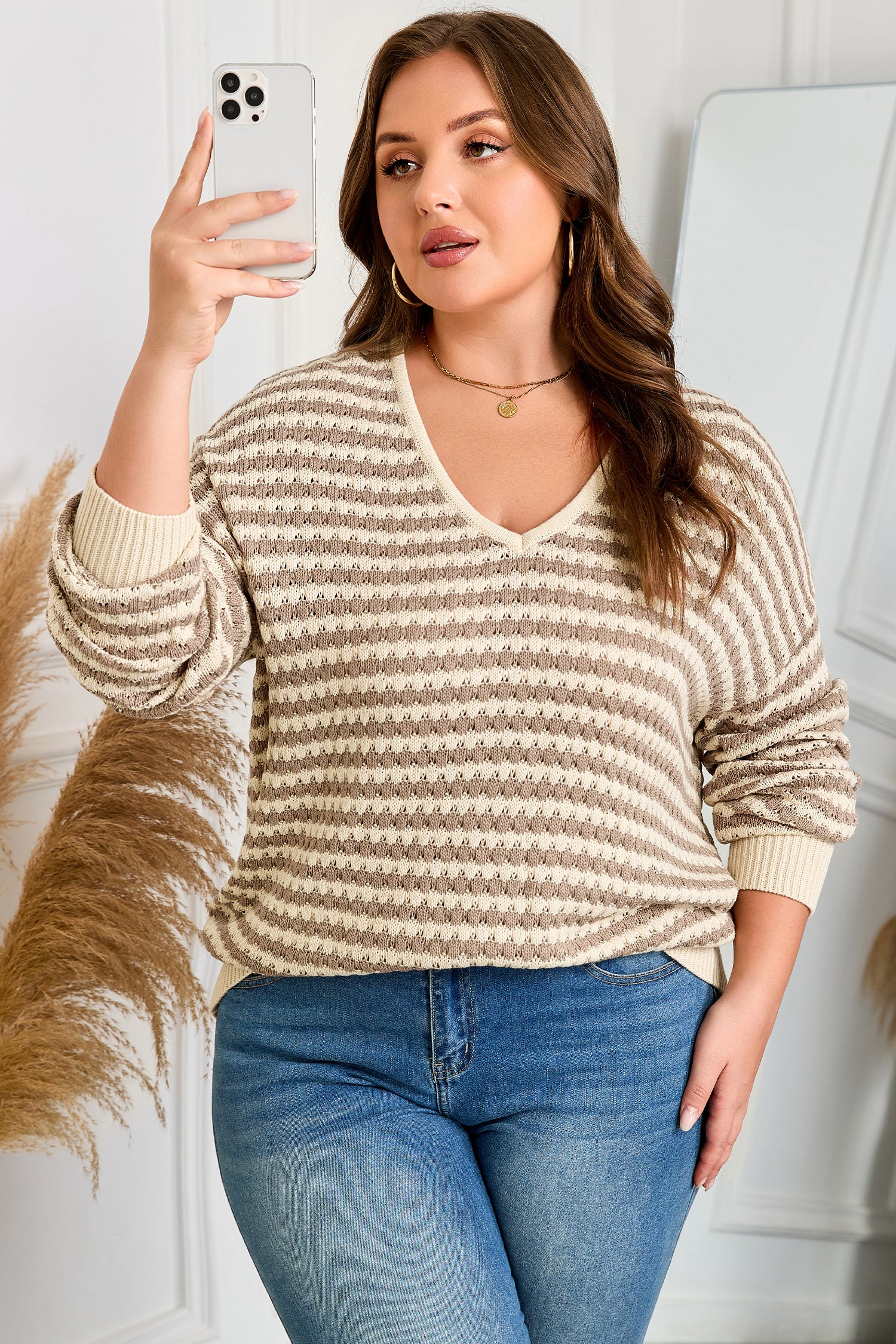 Khaki Stripe Plus Size V Neck Drop Shoulder Sweater-Plus Size/Plus Size Sweaters & Cardigans-[Adult]-[Female]-2022 Online Blue Zone Planet