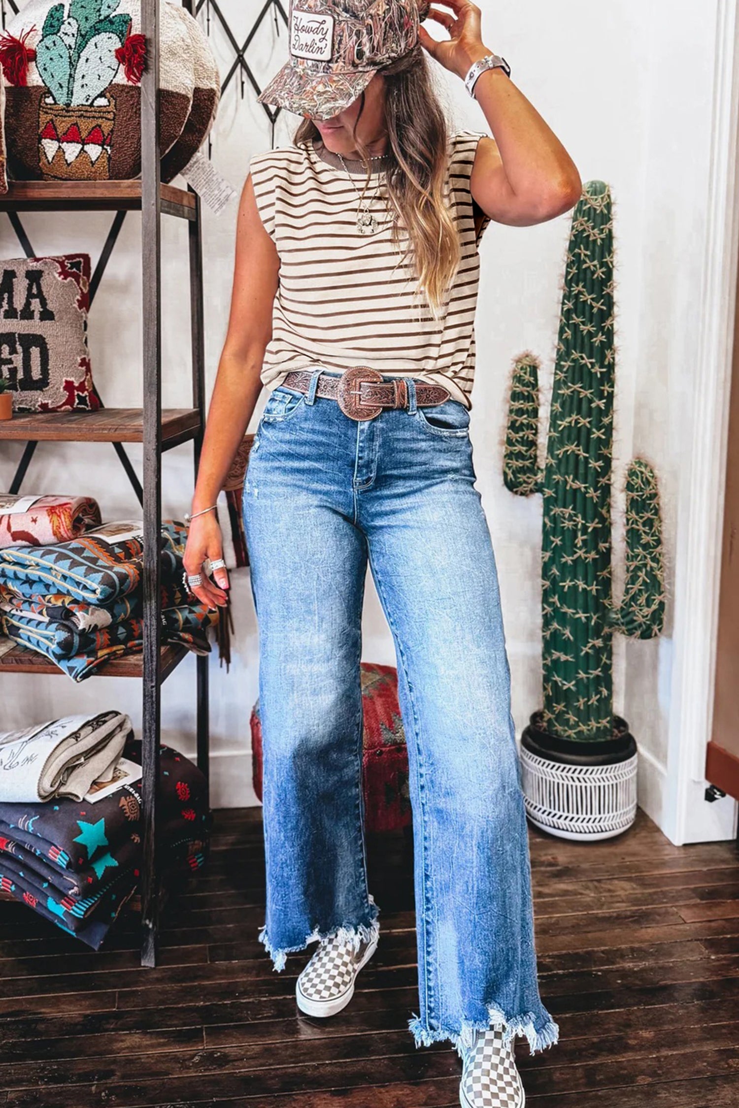 Brown Stripe Ribbed Round Neck Trim Loose Tank Top-Tops/Tank Tops-[Adult]-[Female]-2022 Online Blue Zone Planet